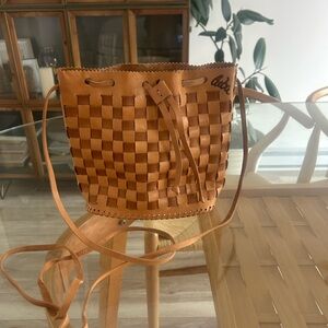 Woven Leather Crossbody Bucket Bag in Tan